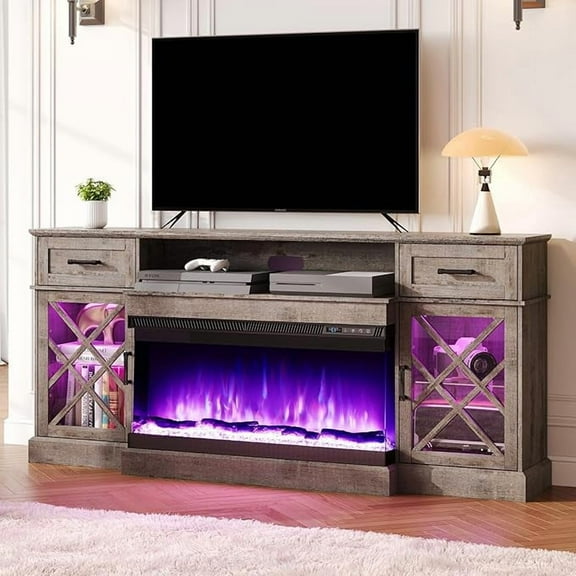 VanAcc 3-Sided Farmhouse LED Fireplace TV Stand, 70" Large Entertainment Center for TVs up to 80", Modern Wood Grain for Living Room, Light Grey