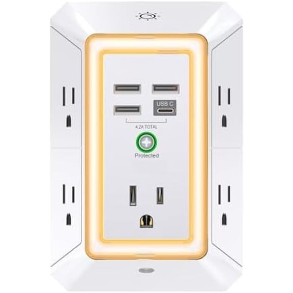 3-Sided Outlet Extender with Night Light - Multi Plug Outlet with 5 Outlets and 4 USB Ports(1 USB-C), USB Wall Charger for Home, Office, Travel, ETL Listed, White