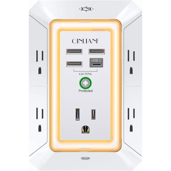 3-Sided Outlet Extender with Night Light - Multi Plug 5 Outlets and 4 USB Ports(1 USB-C), Wall Charr for Home, Office, Travel, ETL Listed, White
