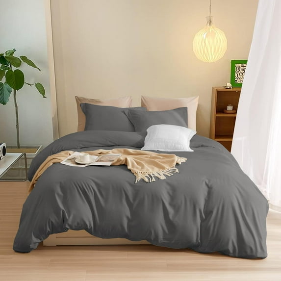 3-Sided Zipper Closure Duvet Cover – Easy On & Off Bedding, 500-TC Egyptian Cotton 3-PCs Duvet Cover Set - Queen Size ( 90" x 90" ) Inches, (Dark Grey)