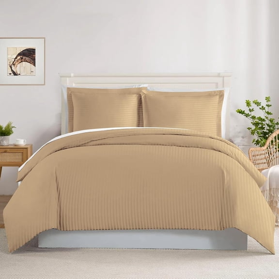 3-Sided Zipper Closure Duvet Cover – Easy On & Off Bedding, 500-TC Egyptian Cotton 3-PCs Duvet Cover Set - Twin/Twin-XL Size ( 68 x 90 ) Inches, Taupe Stripe