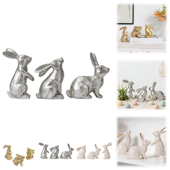 3 Silver Easter Bunny Decorations, Resin Rabbit Figurine Small Decorative Bunny Statues for Tabletop Centerpiece Indoor Spring Easter Decor Mantle Decorations