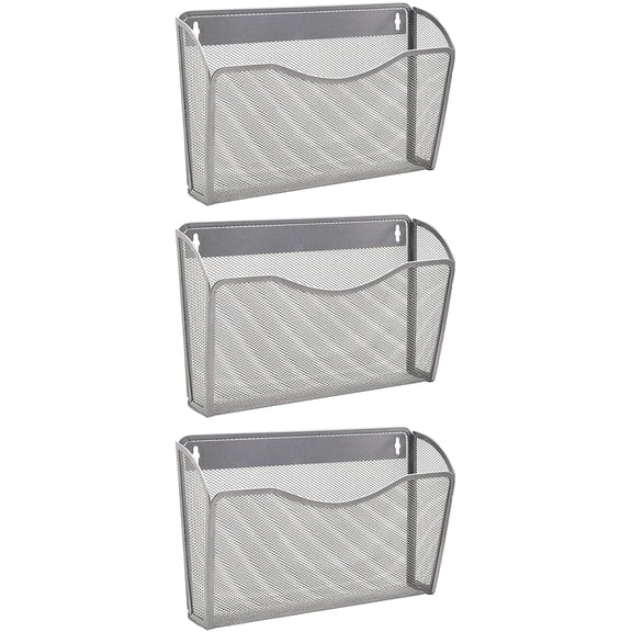 3 Single Pocket Mesh Hanging File Organizer, Vertical Wall Mounted Magazine File Holder, Mount Basket Mail Paper Document Folder Organizing for Office, Home and School, Silver
