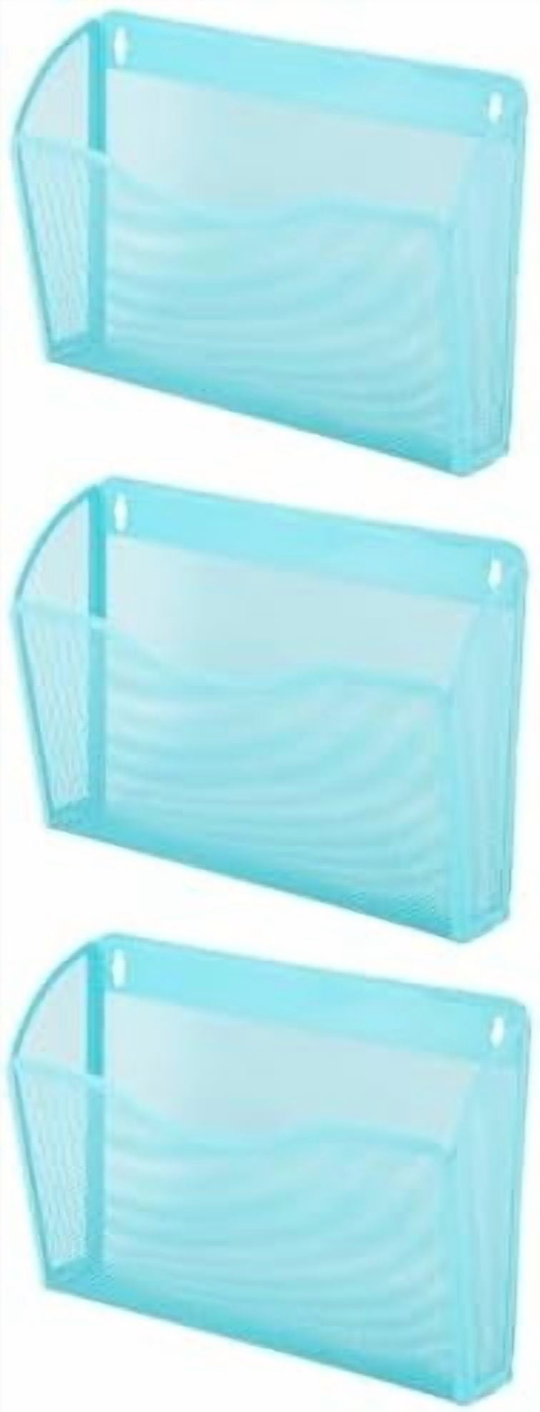 3 Single Pocket Mesh Hanging File Organizer, Vertical Wall Mounted Magazine File Holder, Mount Basket Mail Paper Document Folder Organizing for Office, Home and School, Blue