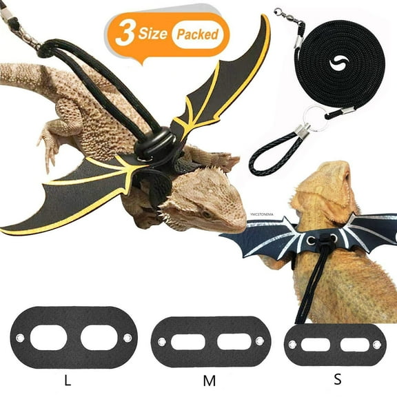 3-Size Complete Reptile Harness & Leash Set with Leather Wings (S/M/L) - Adjustable Escape Proof Vest for Bearded Dragon, Lizard, Chameleon, Small Pets Walking-gold
