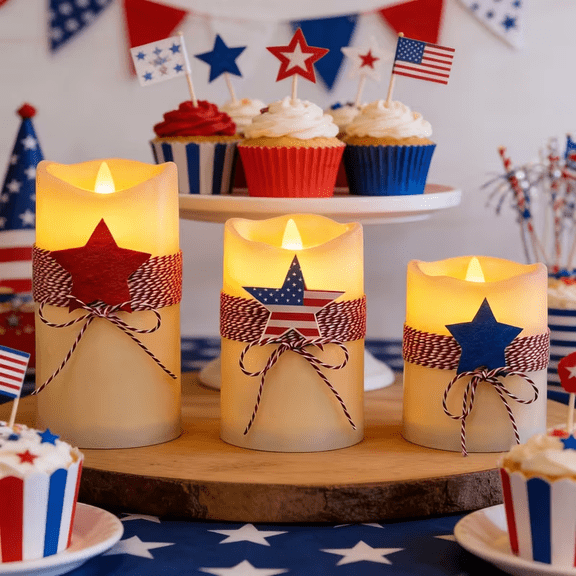 3 Size LED Flameless Candles With Remote, 3Packs for  Independence Day Pattern Decor for 250th Anniversary Home Party