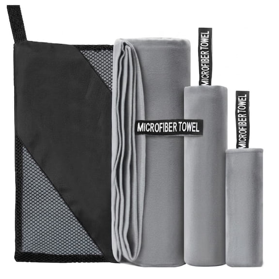 3 Size Pack of Microfiber Gym Towels for Men and Women Active Sports Travel Towels w/Bag - Fast Drying Towel Set for Camping, Beach, Gym, Backpacking, Sports, Yoga & Swim Use(Gray)
