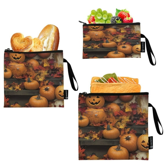 3 Size Reusable Food Storage Bags Set Airtight Zipper Closure Lunch Snacks Travel Organizer A Pumpkin Stack