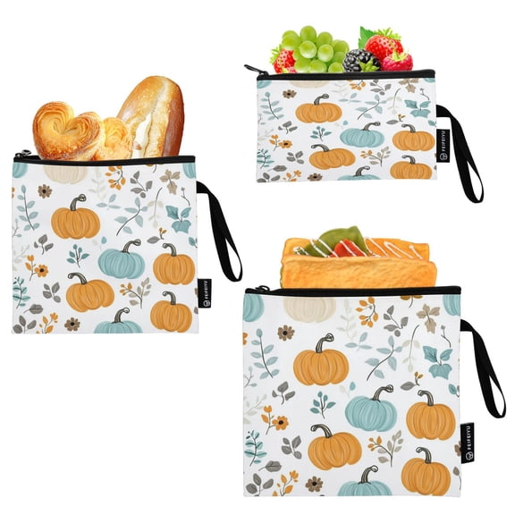 3 Size Reusable Food Storage Bags Set Airtight Zipper Closure Lunch Snacks Travel Organizer Autumn Pumpkin Pattern
