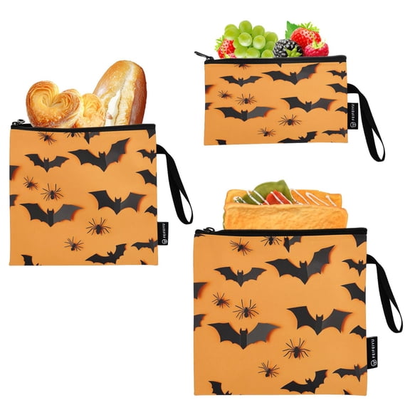 3 Size Reusable Food Storage Bags Set Airtight Zipper Closure Lunch Snacks Travel Organizer Black Paper Bat Cutouts