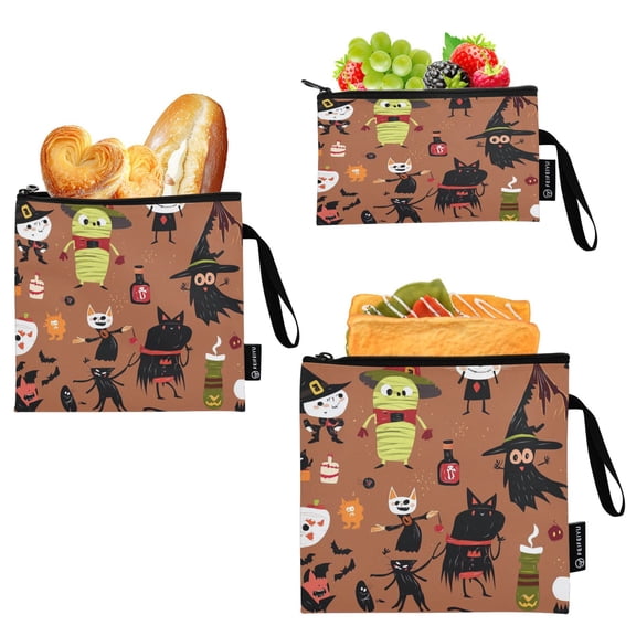 3 Size Reusable Food Storage Bags Set Airtight Zipper Closure Lunch Snacks Travel Organizer Black Witch Hat
