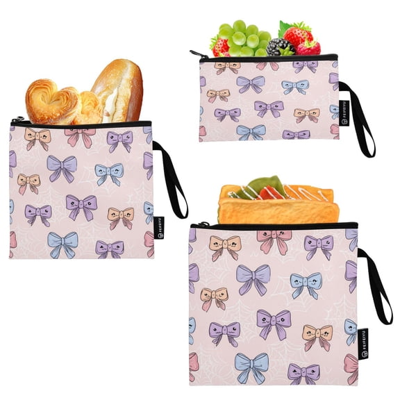 3 Size Reusable Food Storage Bags Set Airtight Zipper Closure Lunch Snacks Travel Organizer Bows and Spider Webs