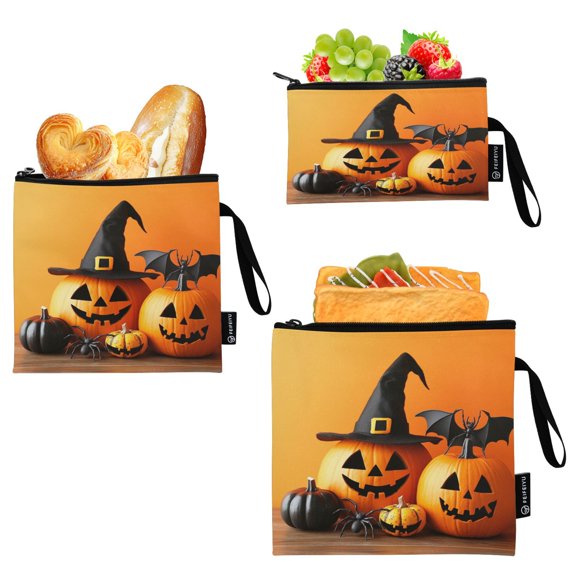 3 Size Reusable Food Storage Bags Set Airtight Zipper Closure Lunch Snacks Travel Organizer Cute Halloween Pumpkins
