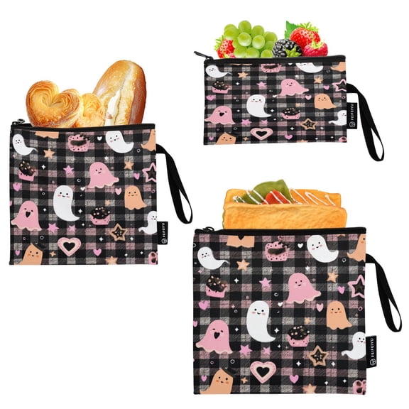 3 Size Reusable Food Storage Bags Set Airtight Zipper Closure Lunch Snacks Travel Organizer Cute Pastel Ghost Pattern