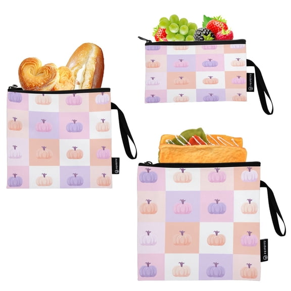 3 Size Reusable Food Storage Bags Set Airtight Zipper Closure Lunch Snacks Travel Organizer Cute Pumpkins Pattern