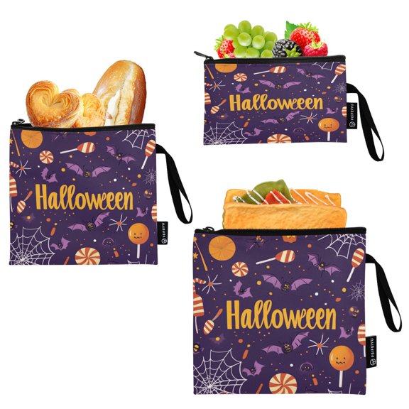 3 Size Reusable Food Storage Bags Set Airtight Zipper Closure Lunch Snacks Travel Organizer Featuring Cartoonish Halloween Celebration