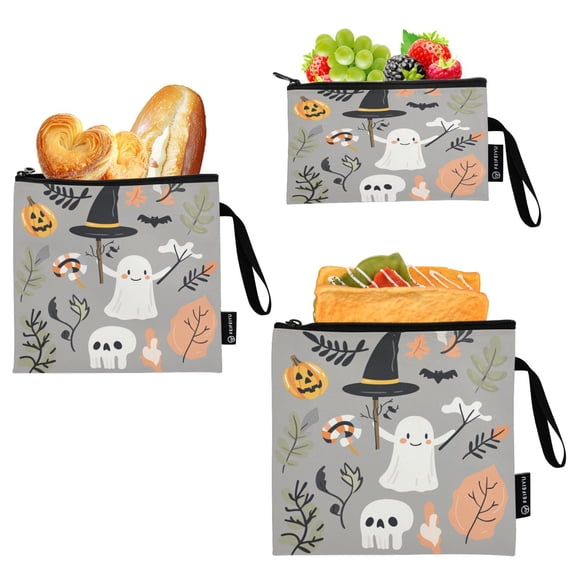 3 Size Reusable Food Storage Bags Set Airtight Zipper Closure Lunch Snacks Travel Organizer Ghost Character