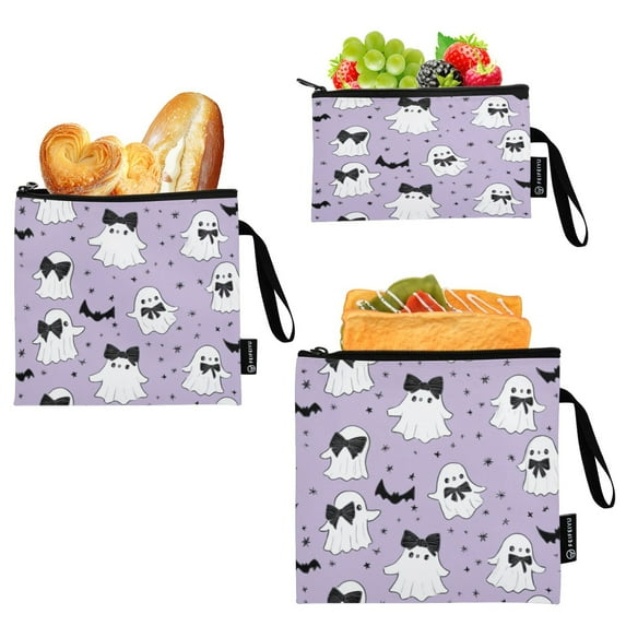 3 Size Reusable Food Storage Bags Set Airtight Zipper Closure Lunch Snacks Travel Organizer Ghost with A Bow Tie