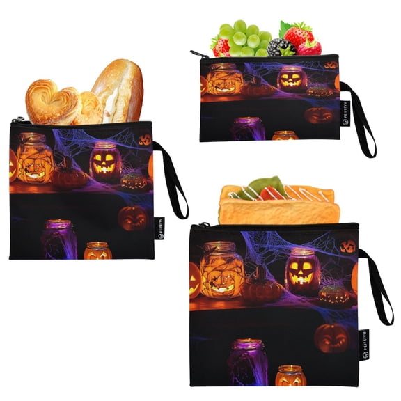 3 Size Reusable Food Storage Bags Set Airtight Zipper Closure Lunch Snacks Travel Organizer Glass Jars with Carved Faces