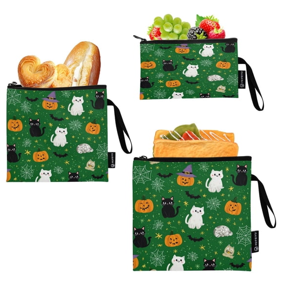3 Size Reusable Food Storage Bags Set Airtight Zipper Closure Lunch Snacks Travel Organizer Green Background with Cats