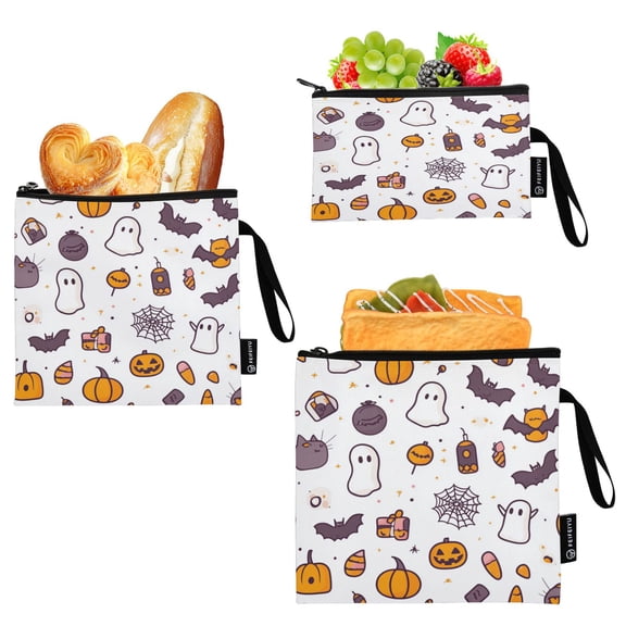 3 Size Reusable Food Storage Bags Set Airtight Zipper Closure Lunch Snacks Travel Organizer Halloween Cute Pattern