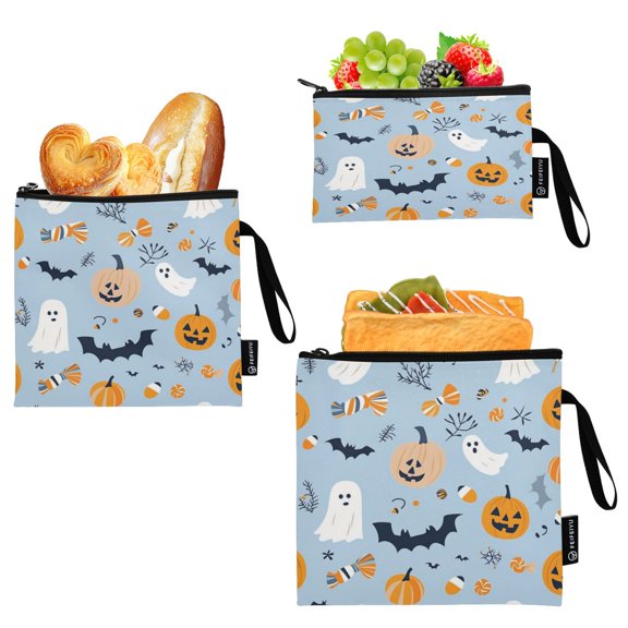 3 Size Reusable Food Storage Bags Set Airtight Zipper Closure Lunch Snacks Travel Organizer Halloween Pattern with Pumpkins