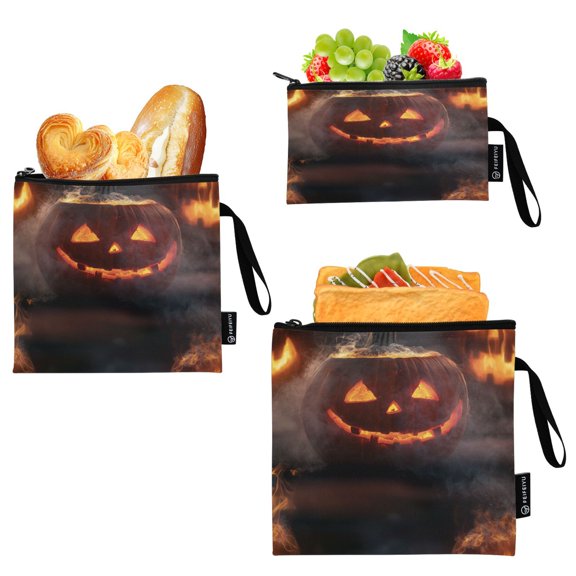 3 Size Reusable Food Storage Bags Set Airtight Zipper Closure Lunch Snacks Travel Organizer Halloween Pumpkin Illuminated