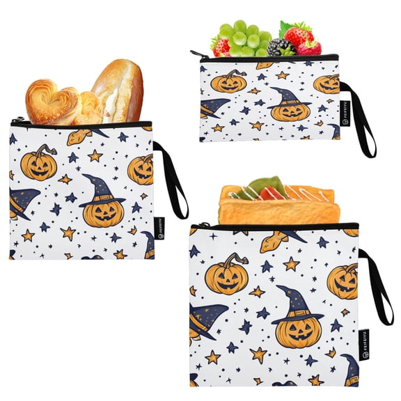 3 Size Reusable Food Storage Bags Set Airtight Zipper Closure Lunch Snacks Travel Organizer Halloween Pumpkin