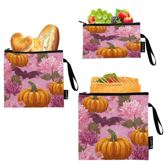 3 Size Reusable Food Storage Bags Set Airtight Zipper Closure Lunch Snacks Travel Organizer Halloween Pumpkins and Bats