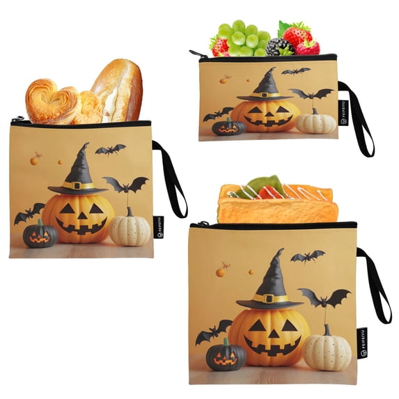 3 Size Reusable Food Storage Bags Set Airtight Zipper Closure Lunch Snacks Travel Organizer Halloween Pumpkins with Witch Hat