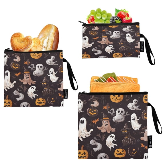 3 Size Reusable Food Storage Bags Set Airtight Zipper Closure Lunch Snacks Travel Organizer Halloween-themed Cartoonish Ghosts Characters