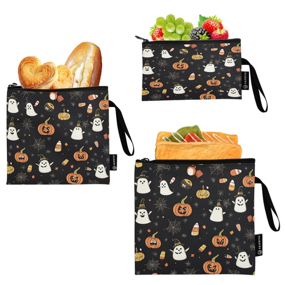 3 Size Reusable Food Storage Bags Set Airtight Zipper Closure Lunch Snacks Travel Organizer Halloween-themed Fabric Pattern