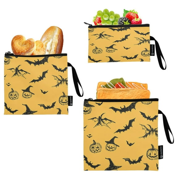 3 Size Reusable Food Storage Bags Set Airtight Zipper Closure Lunch Snacks Travel Organizer Halloween-themed Hand-drawn Pattern