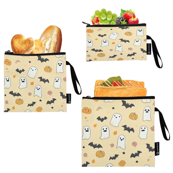 3 Size Reusable Food Storage Bags Set Airtight Zipper Closure Lunch Snacks Travel Organizer Halloween-themed Pattern Design
