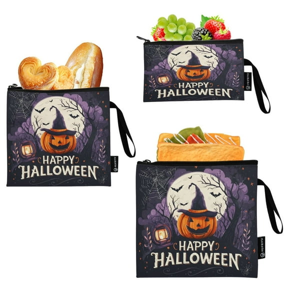 3 Size Reusable Food Storage Bags Set Airtight Zipper Closure Lunch Snacks Travel Organizer Halloween-themed Pumpkin