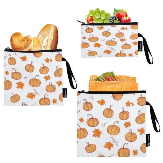 3 Size Reusable Food Storage Bags Set Airtight Zipper Closure Lunch Snacks Travel Organizer Orange Pumpkins and Leaves
