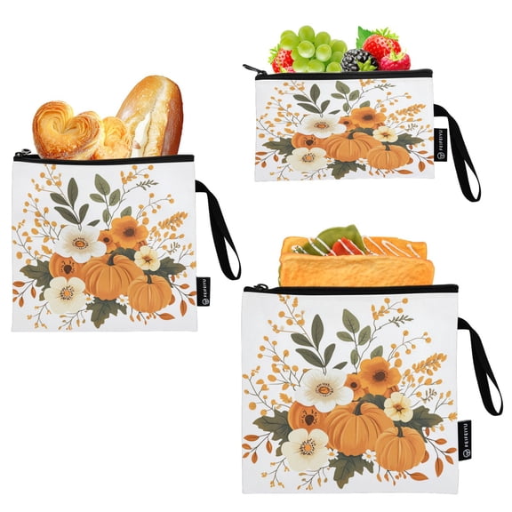 3 Size Reusable Food Storage Bags Set Airtight Zipper Closure Lunch Snacks Travel Organizer Orange and White Flowers