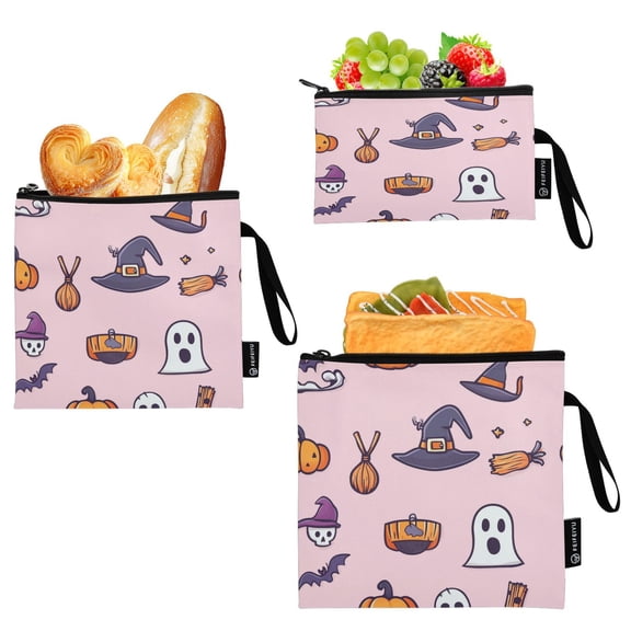 3 Size Reusable Food Storage Bags Set Airtight Zipper Closure Lunch Snacks Travel Organizer Pink Background Halloween Pattern