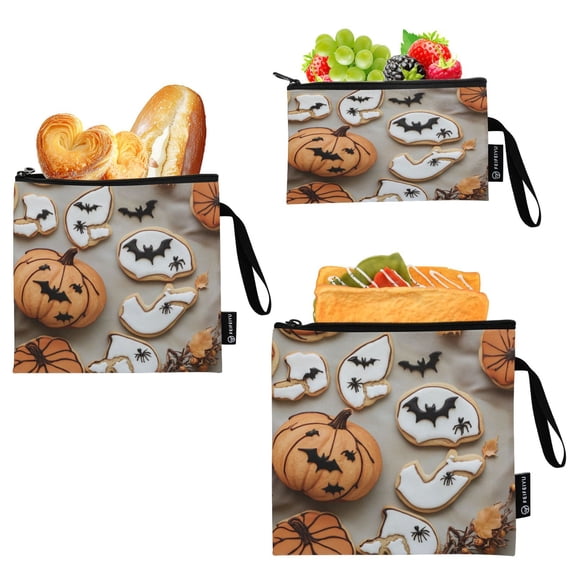 3 Size Reusable Food Storage Bags Set Airtight Zipper Closure Lunch Snacks Travel Organizer Pumpkin-shaped Cookies