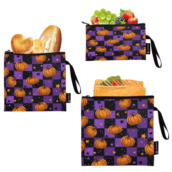 3 Size Reusable Food Storage Bags Set Airtight Zipper Closure Lunch Snacks Travel Organizer Pumpkins and Stars