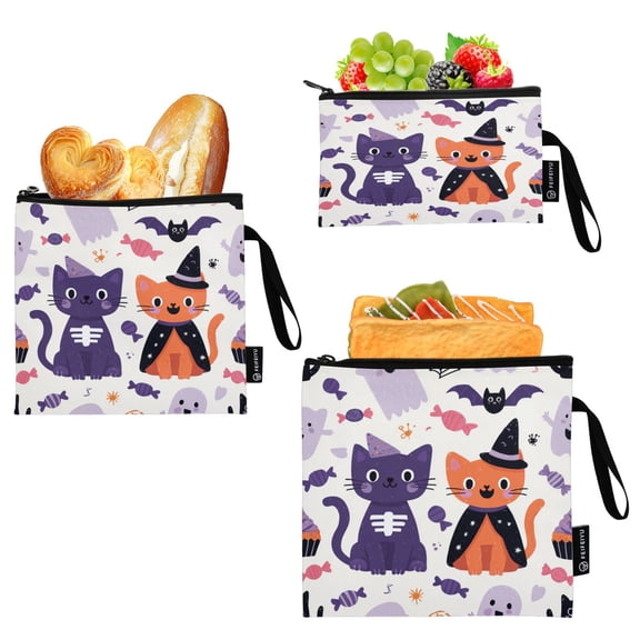 3 Size Reusable Food Storage Bags Set Airtight Zipper Closure Lunch Snacks Travel Organizer Purple Cat and Orange Cat