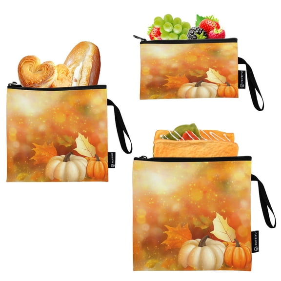 3 Size Reusable Food Storage Bags Set Airtight Zipper Closure Lunch Snacks Travel Organizer Realistic Pumpkins