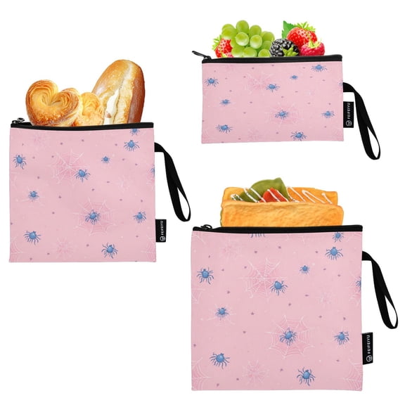 3 Size Reusable Food Storage Bags Set Airtight Zipper Closure Lunch Snacks Travel Organizer Spiders and Spider Webs