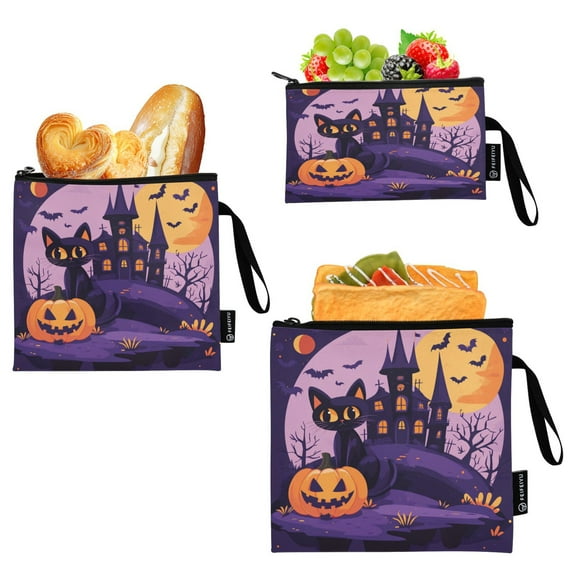 3 Size Reusable Food Storage Bags Set Airtight Zipper Closure Lunch Snacks Travel Organizer Spooky Halloween Background