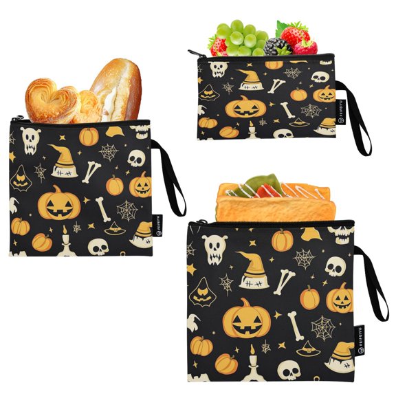 3 Size Reusable Food Storage Bags Set Airtight Zipper Closure Lunch Snacks Travel Organizer Spooky Pattern
