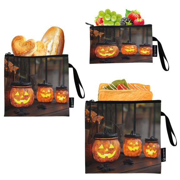 3 Size Reusable Food Storage Bags Set Airtight Zipper Closure Lunch Snacks Travel Organizer Three Halloween Pumpkin Shaped