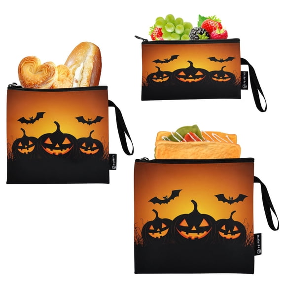 3 Size Reusable Food Storage Bags Set Airtight Zipper Closure Lunch Snacks Travel Organizer Three Pumpkins and Bat