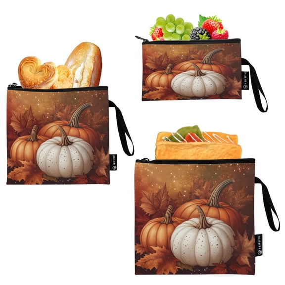 3 Size Reusable Food Storage Bags Set Airtight Zipper Closure Lunch Snacks Travel Organizer Three Pumpkins and Leaves