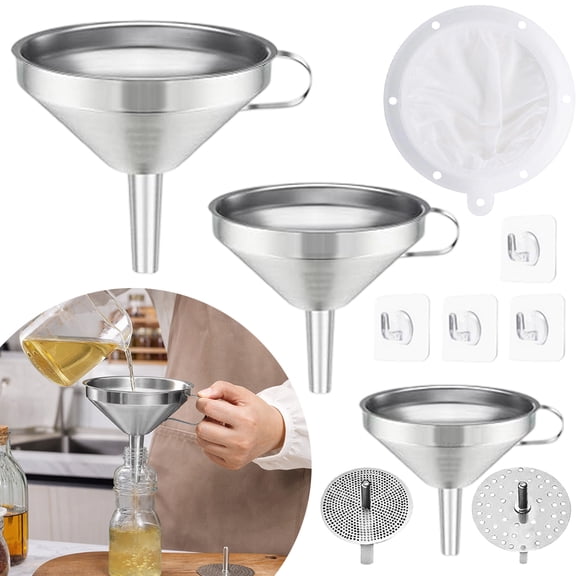 3 Size Stainless Steel Funnels for Kitchen Use, Food Grade Cooking Funnel Metal Set with 3 Strainer for Filling Bottles