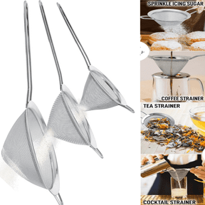 3 Sizes Cone Strainer for Kitchen 3", 4" & 5.5", Baking Tools Colander, Flour Sifter, Food Strainer Tea Strainer Coffee Strainer with Long Handle